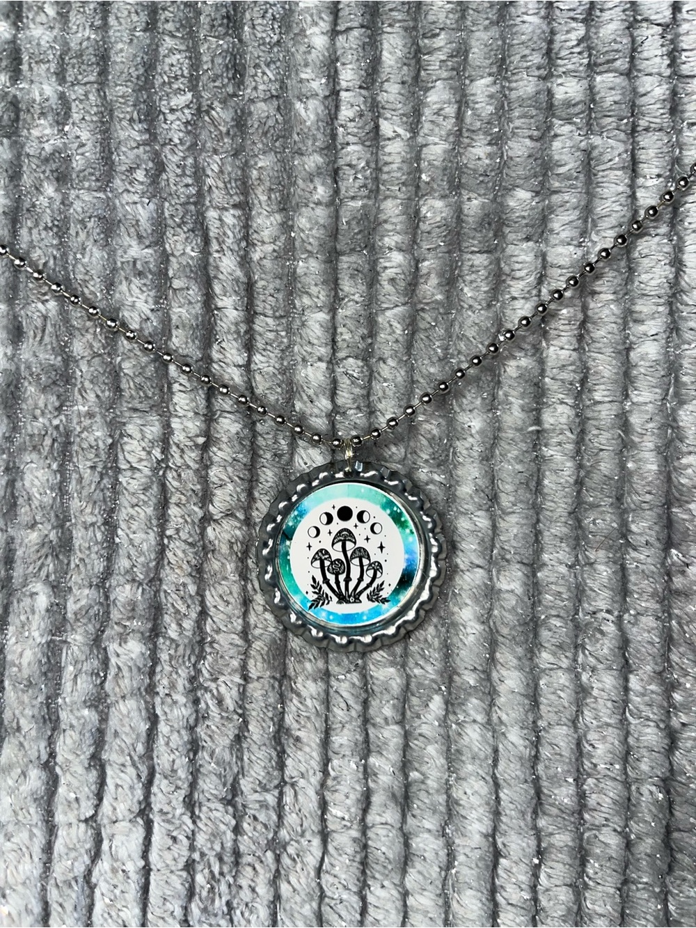 Silver Bottle Cap Mushroom Moon Necklace - Blue Accent
